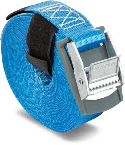Système d'arrimage avec boucle à griffe, à came, longueur 5 mètres, bleu