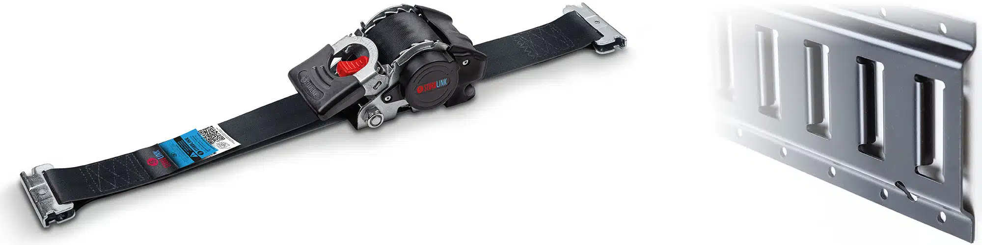 Système d'arrimage pour rail universel noir avec sangle autotetractable 50 mm avecr crochet 1826